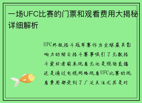 一场UFC比赛的门票和观看费用大揭秘详细解析