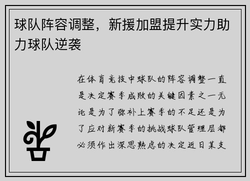 球队阵容调整，新援加盟提升实力助力球队逆袭
